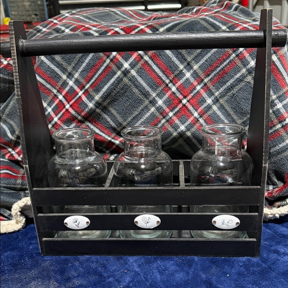 Rustic Black Wood Caddy with 3 Glass Vases